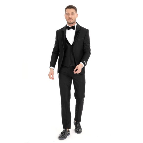 Derman Black Silvery Collar Luxury Tuxedo 3 Piece Set - Picture 3 of 6